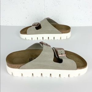Birkenstock Papillio Arizona Suede Platform Sandals Taupe Size 41 Narrow